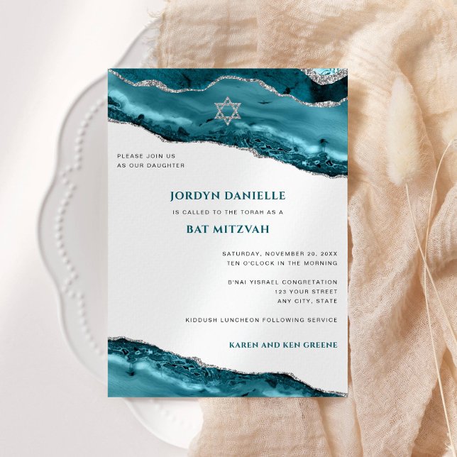 Bat Mitzvah Aquamarin und Silver Agate Modern Einladung (Von Creator hochgeladen)