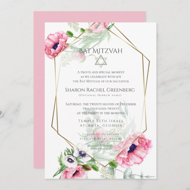 Bat Mitzvah | Aquarellfarbene rosa Poppies Verse 2 Einladung (Vorne/Hinten)