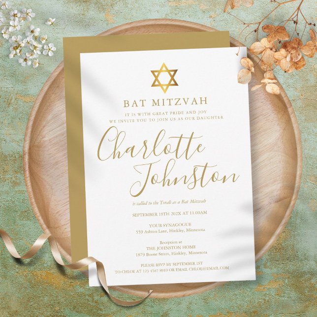 Bat Mitzvah, Bar Mitzvah Modernes Goldenes Drehbuc Einladung (Bat Mitzvah, Bar Mitzvah Modern Gold Script Invitation)