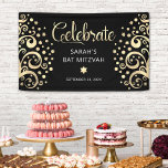 Bat Mitzvah Black Gold Foil Tree of Life Script Banner<br><div class="desc">Seien Sie stolz, freuen Sie sich und präsentieren Sie diesen Meilenstein Ihres Lieblings-Bat Mitzvah! Lassen Sie sich von diesem atemberaubenden, modernen, stilvollen, personalisierten Banner in einen besonderen Tag hineinführen. Grafische, abstrakte Imitate Goldfolienbäume mit funkelnd Stern von David und Dot "Blätter", mit Goldfolie-Kalligraphie-Skript und weißen Sans Serifentypografie, überlagern einen reichen, schwarzen...</div>