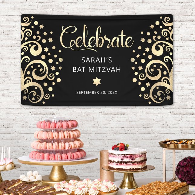 Bat Mitzvah Black Gold Foil Tree of Life Script Banner (Von Creator hochgeladen)