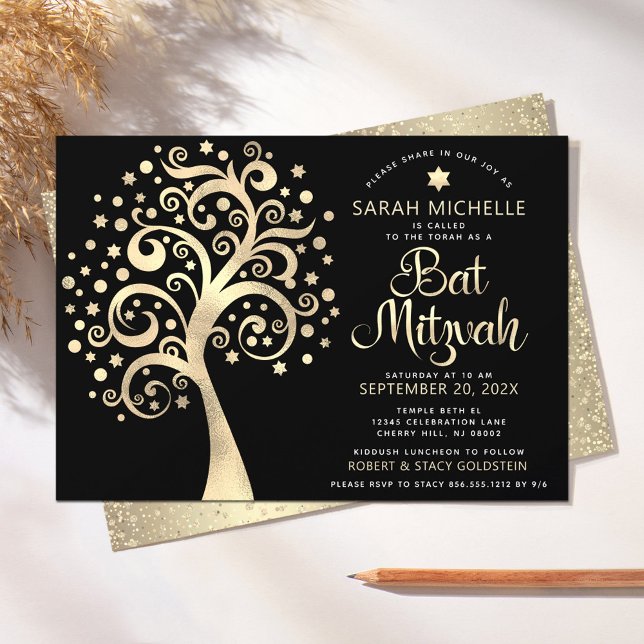 Bat Mitzvah Black Gold Foil Tree of Life Script Einladung (Von Creator hochgeladen)