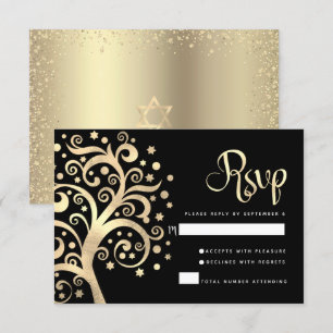 Bat Mitzvah Black Gold Foil Tree of Life Script RSVP Karte