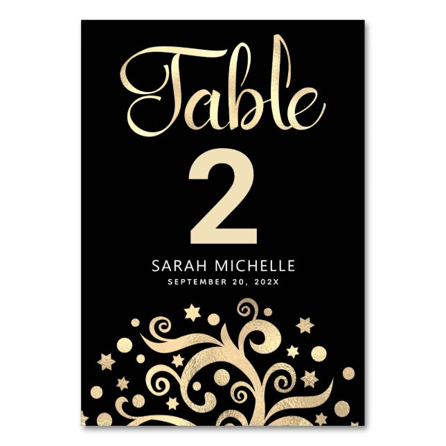 Bat Mitzvah Black Gold Foil Tree of Life Script Tischnummer (Vorderseite)