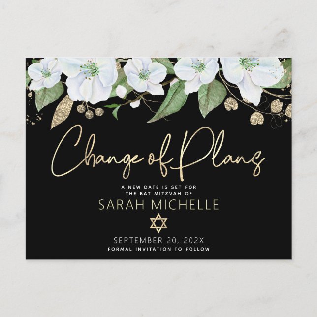 Bat Mitzvah Black Gold Script Floral Watercolor Einladungspostkarte (Vorderseite)