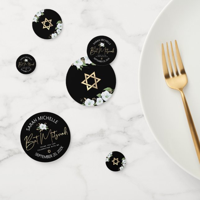 Bat Mitzvah Black Gold Script Floral Watercolor Konfetti (Gruppe)