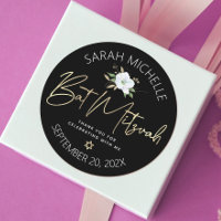 Bat Mitzvah Black Gold Script Floral Watercolor