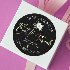 Bat Mitzvah Black Gold Script Floral Watercolor Runder Aufkleber
