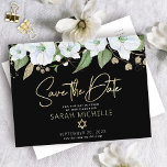 Bat Mitzvah Black Gold Script Watercolor Floral Einladungspostkarte<br><div class="desc">Make sure all your friends and relatives will be able to celebrate your daughter’s milestone Bat Mitzvah! Send out this chic, personalized “Save the Date” announcement postcard. A chic, stunning, white and gold glitter floral watercolor with faux gold foil script typography and white san serif type overlays a dramatic black...</div>