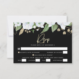 Bat Mitzvah Black Gold Script Watercolor Floral RSVP Karte