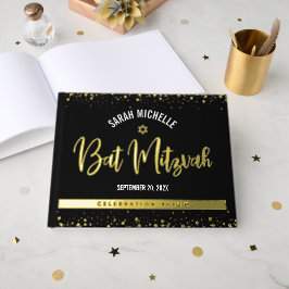 Bat Mitzvah Black Script Modern Real Gold Fossil Gästebuch
