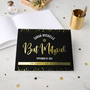 Bat Mitzvah Black Script Modern Real Gold Fossil Gästebuch