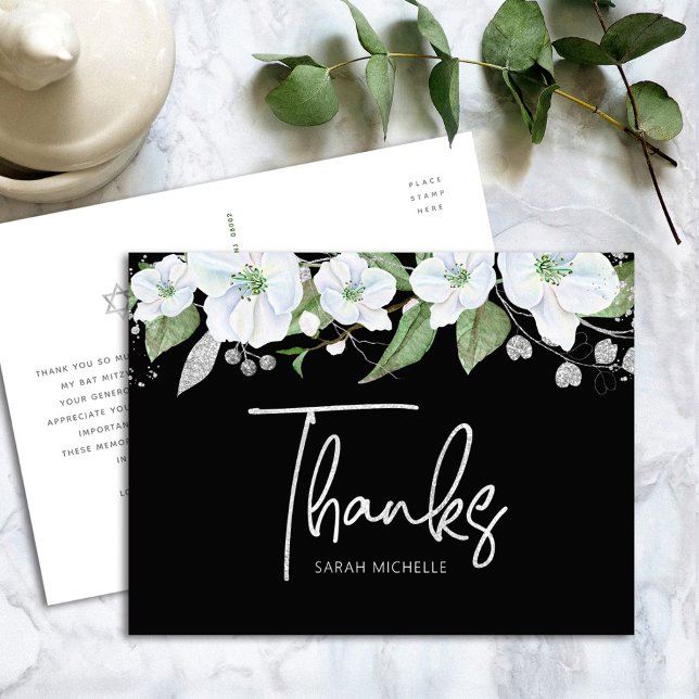 Bat Mitzvah Black Silver Script Floral Vielen Dank Postkarte (Von Creator hochgeladen)