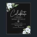 Bat Mitzvah Black Silver Script Watercolor Floral Begleitkarte<br><div class="desc">Seien Sie stolz, freuen Sie sich und präsentieren Sie diesen Meilenstein Ihres Lieblings-Bat Mitzvah! Fügen Sie diese moderne, funkelnd, personalisierte Einlage für zusätzliche Informationen zu Ihrer Veranstaltung ein. Eine schicke, atemberaubende, weiße und Imitate silberne Glitzer florale Aquarell mit Imitaten Silber-Folie Schrift Typografie und weißen Sans Serif Typ Overlays ein dramatischen...</div>