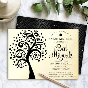 Bat Mitzvah Black Tree of Life Script Real Gold Folieneinladung