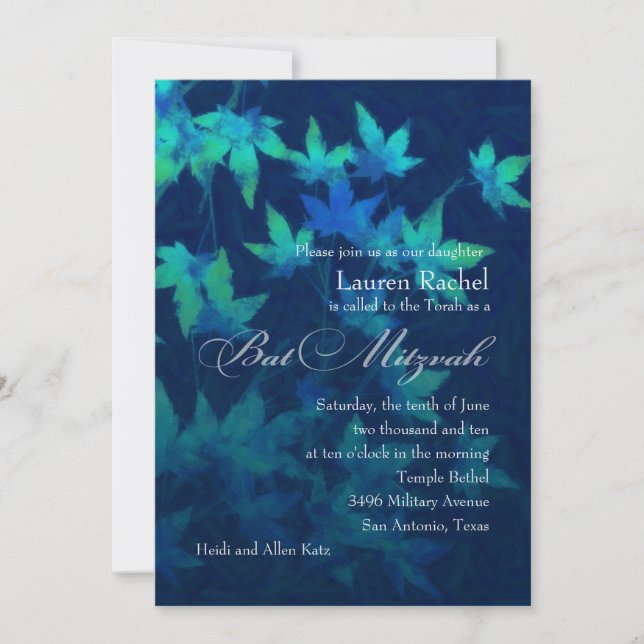 Bat Mitzvah Blätter Navy Blue Green Einladung (Vorderseite)