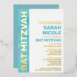 Bat Mitzvah Blau Opal Moderne Typografie Gold Folieneinladung