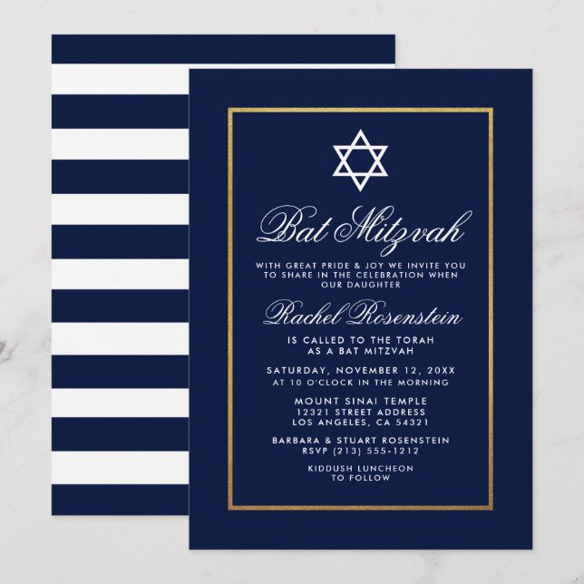 Bat Mitzvah Blau und weiße Streifen Gold Einladung (Vorne/Hinten)