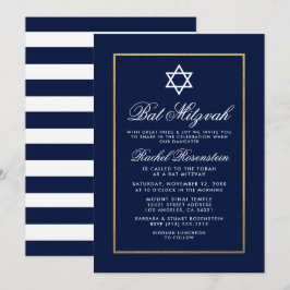 Bat Mitzvah Blau und weiße Streifen Gold Einladung