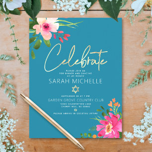 Bat Mitzvah Blau Wasserfarbe Floral Gold Schrift Begleitkarte