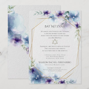 BAT MITZVAH Blaues und violettes Wasserfarben-Bl Einladung