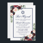 Bat Mitzvah Blue Burgundy Floral Einladung<br><div class="desc">Bat Mitzvah Watercolor Burgundy Marsala Blue Floral Einladungskarte</div>