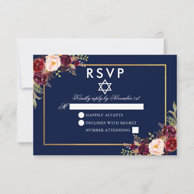 Bat Mitzvah Blue Burgundy Floral Gold UAWG RSVP Karte (Vorderseite)
