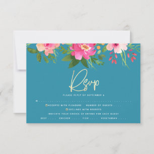 Bat Mitzvah Blue Floral Watercolor Gold Script RSVP Karte