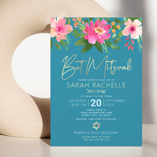 Bat Mitzvah Blue Gold Script Floral Watercolor Einladung