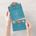 Bat Mitzvah Blue Gold Typ Floral Watercolor Party All In One Einladung<br><div class="desc">Seien Sie stolz, freuen Sie sich und präsentieren Sie diesen Meilenstein Ihres Lieblings-Bat Mitzvah! Versenden Sie diese atemberaubende, moderne, maßgeschneiderte All-in-One-Einladung für eine Veranstaltung, an die Sie sich erinnern können. Eine schicke, atemberaubende, pinkfarbene und pfirsichfarbene Aquarellfarbe mit Imitaten, Goldfolien-Schrift Typografie und modernen weißen Sans Serifenprägung überlagern einen staubigen, türkisfarbenen aquamarin...</div>