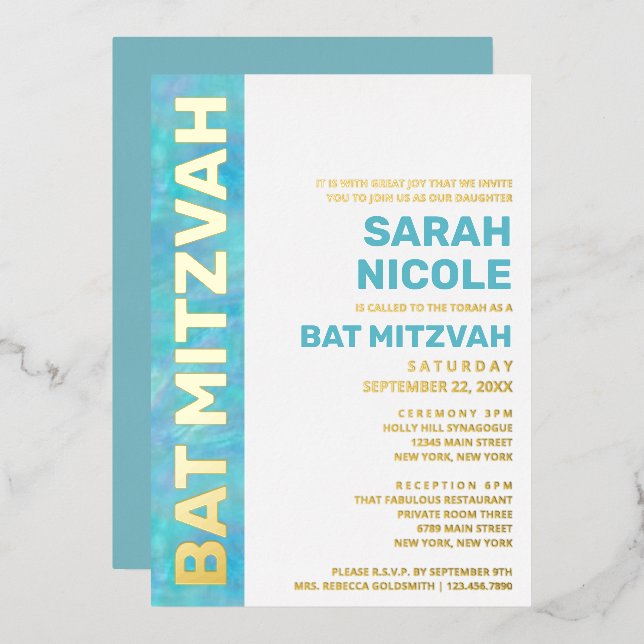 Bat Mitzvah Blue Opal Moderne Typografie Gold Folieneinladung (Vorderseite/Rückseite)