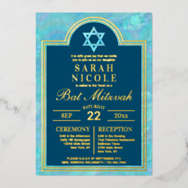 Bat Mitzvah Blue Opal Star von David Glam Gold Folieneinladung