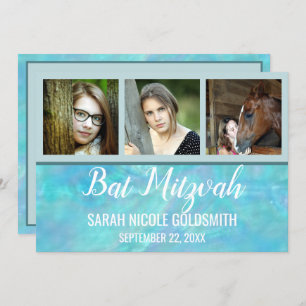 Bat Mitzvah Blue Opal Wasserfarbe Foto Collage Einladung
