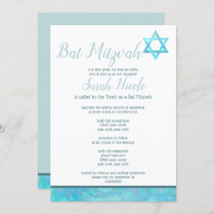 Bat Mitzvah Blue Opal Watercolor Chic Elegante Einladung