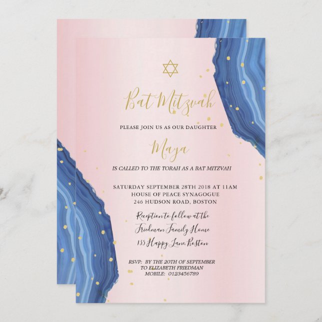 Bat Mitzvah Blue Pink Gold Juden Einladung (Vorne/Hinten)