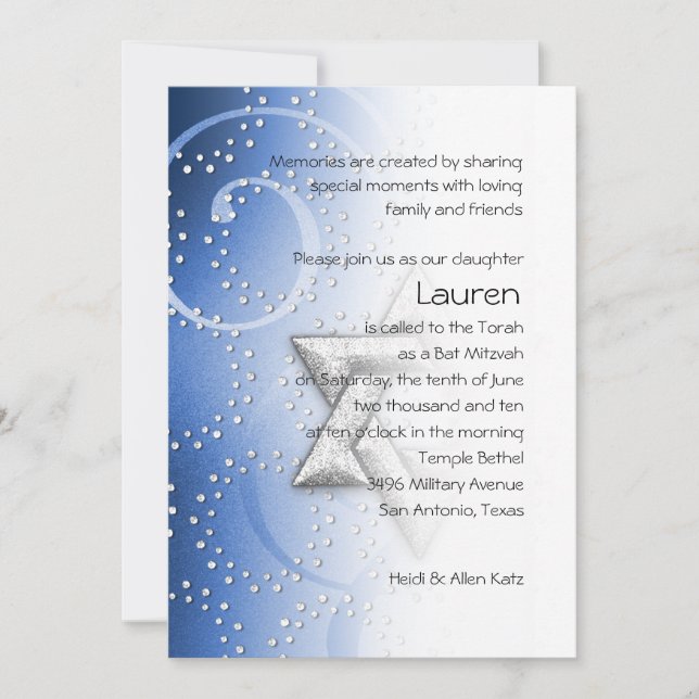 Bat Mitzvah Blue Shimmer Star von David Einladung (Vorderseite)