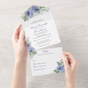 Bat Mitzvah, Blue und Silver Watercolor-Blume All In One Einladung
