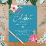 Bat Mitzvah Blue Watercolor Floral Gold Script Begleitkarte<br><div class="desc">Seien Sie stolz, freuen Sie sich und präsentieren Sie diesen Meilenstein Ihres Lieblings-Bat Mitzvah! Fügen Sie diese moderne, funkelnd, personalisierte Einlage für zusätzliche Informationen zu Ihrer Veranstaltung ein. Eine atemberaubende, rosa und pfirsichfarbene Aquarellfarbe mit Imitaten, Goldfolien-Schrift-Typografie und modernen weißen Sans-Serifen überlagern einen staubigen, türkisfarbenen, aquamarin blauen Hintergrund. Zusätzliche Aquarellfarben-Blume und...</div>