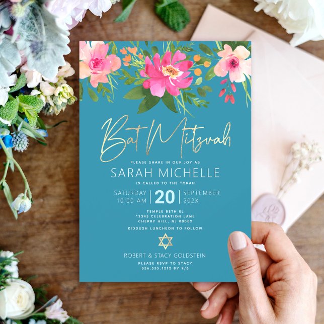 Bat Mitzvah Blue Watercolor Floral Gold Script Einladung (Von Creator hochgeladen)
