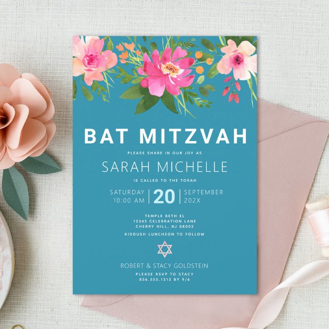 Bat Mitzvah Blue Watercolor Floral Modern Einladung (Von Creator hochgeladen)