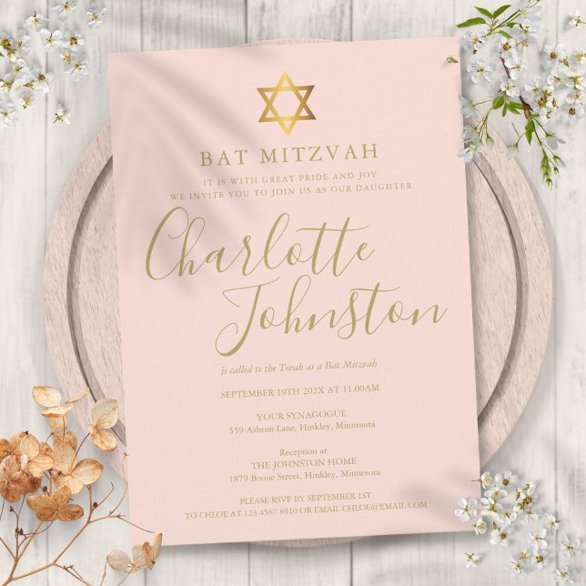 Bat Mitzvah Blush Pink Gold Script Einladung (Bat Mitzvah Blush Pink Gold Script Invitation)