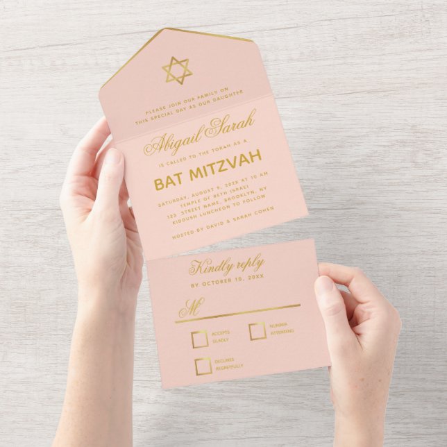 Bat Mitzvah Blush Pink Imitate Gold Elegantes Scri All In One Einladung (Abreißen)