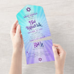 Bat Mitzvah Boho Retro Blue Lila Gradient Bold All In One Einladung<br><div class="desc">Seien Sie stolz, freuen Sie sich und präsentieren Sie diesen Meilenstein Ihres Lieblings-Bat Mitzvah mit diesem lustigen boho Retro, maßgeschneiderte All-in-One-Einladung für eine Veranstaltung zu erinnern. Angesagte, groovy, kühne lila und marineblaue Typografie mit moderner Sans-Serif-Typografie überlagert einen Hintergrund von türkisblauen Pop und lila Ober-Farbradien mit weißen Punkten. Dieses All-in-One-Produkt verbindet...</div>