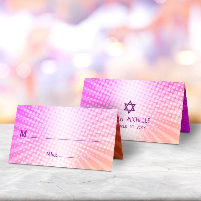 Bat Mitzvah Bold Boho Retro Pink Orange Gradient Platzkarte (Von Creator hochgeladen)