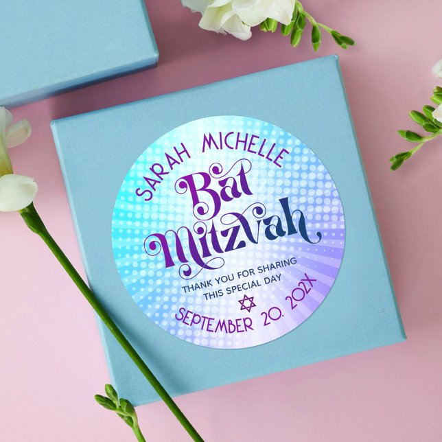 Bat Mitzvah Bold Retro Boho Blue Lila Gradient Runder Aufkleber (Von Creator hochgeladen)