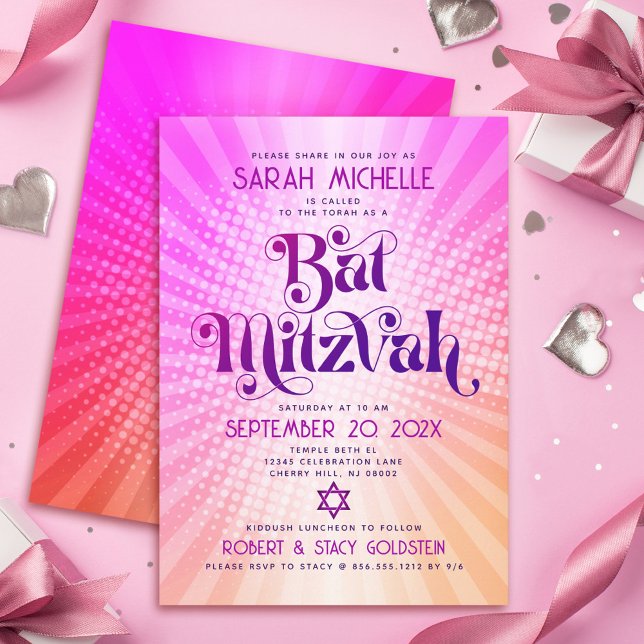 Bat Mitzvah Bold Retro Boho Pink Orange Gradient Einladung (Von Creator hochgeladen)