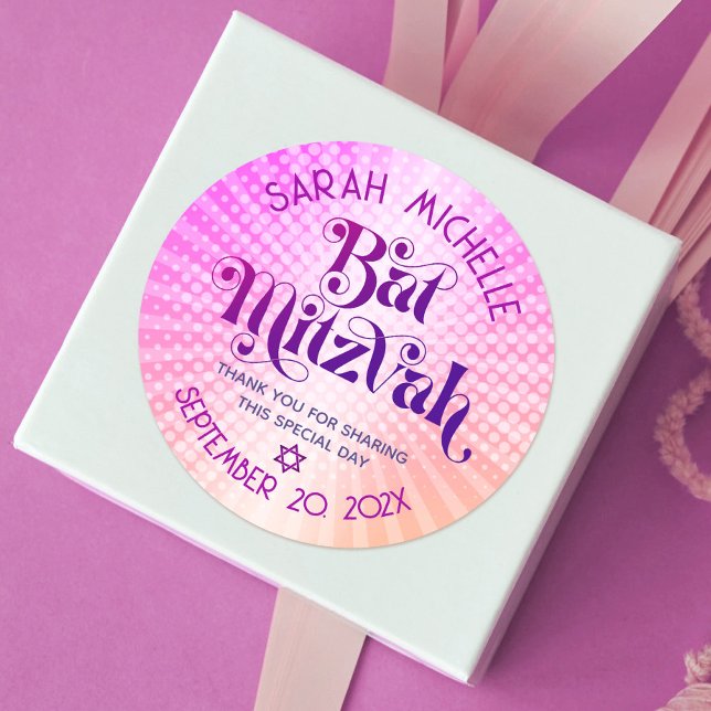 Bat Mitzvah Bold Retro Boho Pink Orange Gradient Runder Aufkleber (Von Creator hochgeladen)
