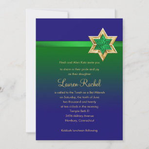 Bat Mitzvah Bright Blue & Green Ombre Ribbon Star Einladung