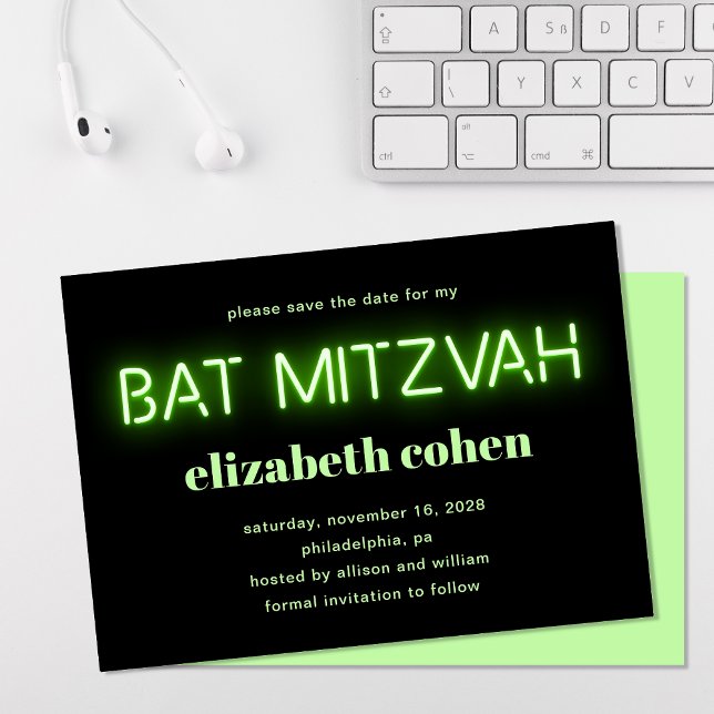 Bat Mitzvah Bright Green Neights Save the Date Einladung (Von Creator hochgeladen)