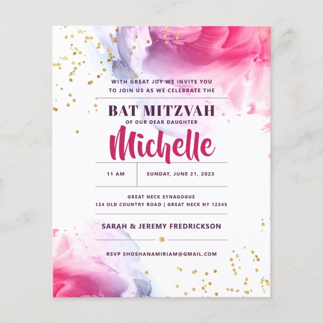 Bat Mitzvah Budget Aquarell Glitzer Einladung (Vorderseite)